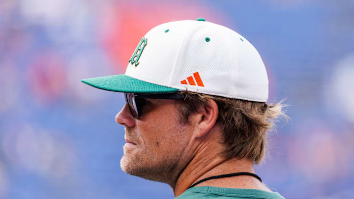 GAINESVILLE, FLORIDA - AUGUST 31: Former Miami Hurricanes and NFL tight end Greg Olsen looks on before the start of a game between the Florida Gators and the Miami Hurricanes at Ben Hill Griffin Stadium on August 31, 2024 in Gainesville, Florida.