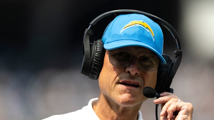 INGLEWOOD, CALIFORNIA - SEPTEMBER 08: Head coach Jim Harbaugh of the Los Angeles Chargers looks on during an NFL football game between the Los Angeles Chargers and the Las Vegas Raiders at SoFi Stadium on September 08, 2024 in Inglewood, California.