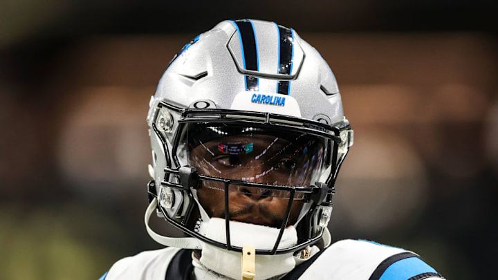 NEW ORLEANS, LA - SEPTEMBER 08: Diontae Johnson #5 of the Carolina Panthers looks on during an NFL football game against the New Orleans Saints at Caesars Superdome on September 8, 2024 in New Orleans, Louisiana.