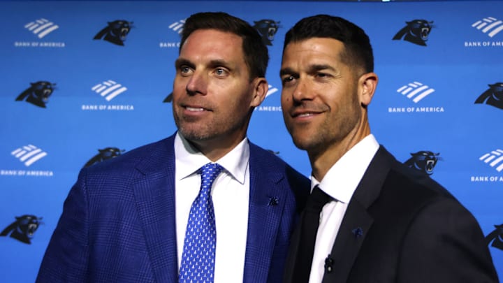 CHARLOTTE, NORTH CAROLINA - FEBRUARY 01: Carolina Panthers President of Football Operations Dan Morgan and Head Coach Dave Canales pose for a photo after speaking with the media as the Carolina Panthers introduce Canales as their new Head Coach at Bank of America Stadium on February 01, 2024 in Charlotte, North Carolina.