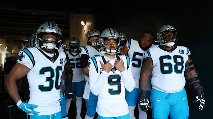 PHILADELPHIA, PENNSYLVANIA - DECEMBER 08: Bryce Young #9 of the Carolina Panthers waits to take the field before a game against the Philadelphia Eagles at Lincoln Financial Field on December 08, 2024 in Philadelphia, Pennsylvania. PHILADELPHIA, PENNSYLVANIA - DECEMBER 08: Bryce Young #9 of the Carolina Panthers waits to take the field before a game against the Philadelphia Eagles at Lincoln Financial Field on December 08, 2024 in Philadelphia, Pennsylvania.