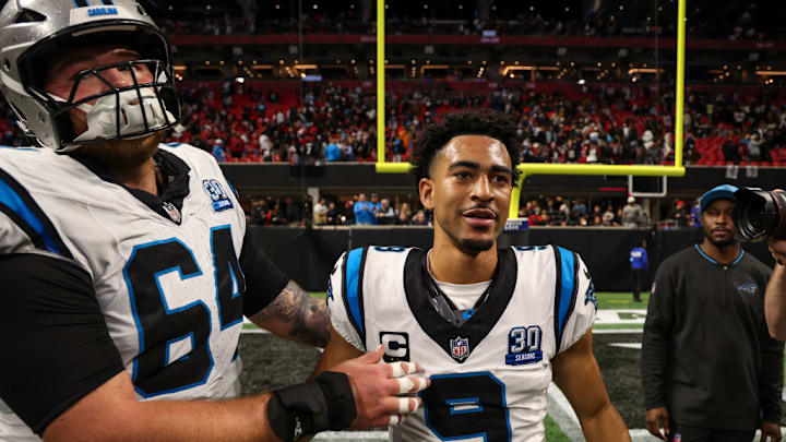 ATLANTA, GEORGIA - JANUARY 05: Bryce Young #9 of the Carolina Panthers celebrates after an NFL football game against the Atlanta Falcons at Mercedes-Benz Stadium on January 5, 2025 in Atlanta, Georgia. ATLANTA, GEORGIA - JANUARY 05: Bryce Young #9 of the Carolina Panthers celebrates after an NFL football game against the Atlanta Falcons at Mercedes-Benz Stadium on January 5, 2025 in Atlanta, Georgia.