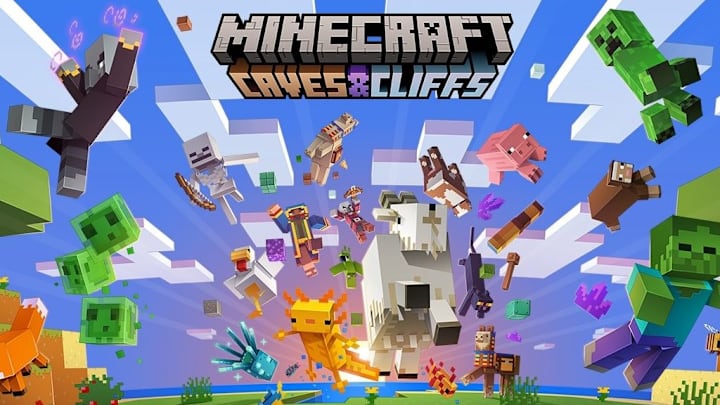 A bunch of different Minecraft mobs jumping out from the sunrise.