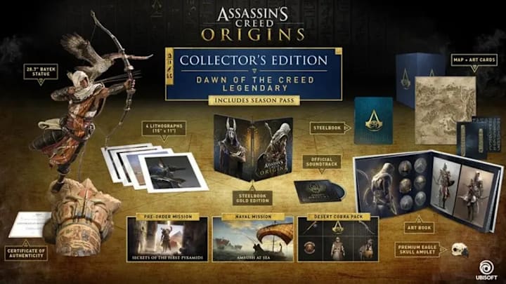 A figure of Bayek with a steelbook, map, artbook, prints, and a copy of the game.