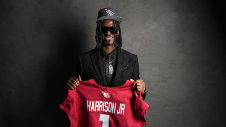 DETROIT, MI - APRIL 25: Wide receiver Marvin Harrison Jr. poses for portraits after being selected fourth overall in the first round by the Arizona Cardinals during the 2024 NFL draft on April 25, 2024 in Detroit, Michigan.