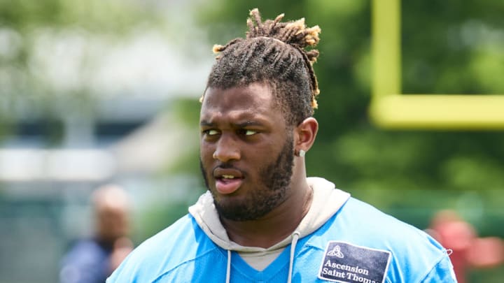 NASHVILLE, TENNESSEE - JUNE 05: JC Latham #55 of the Tennessee Titans looks on during day 2 of Titans Mandatory Minicamp at Ascension Saint Thomas Sports Park on June 05, 2024 in Nashville, Tennessee.