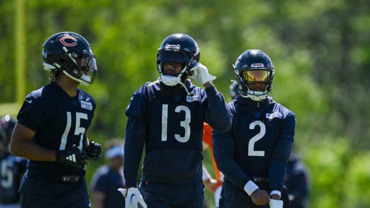 LAKE FOREST, ILLINOIS - JUNE 06: Rome Odunze #15, Keenan Allen #13, and DJ Moore #2 of the Chicago Bears practice during the Chicago Bears mandatory minicamp at Halas Hall on June 06, 2024 in Lake Forest, Illinois.