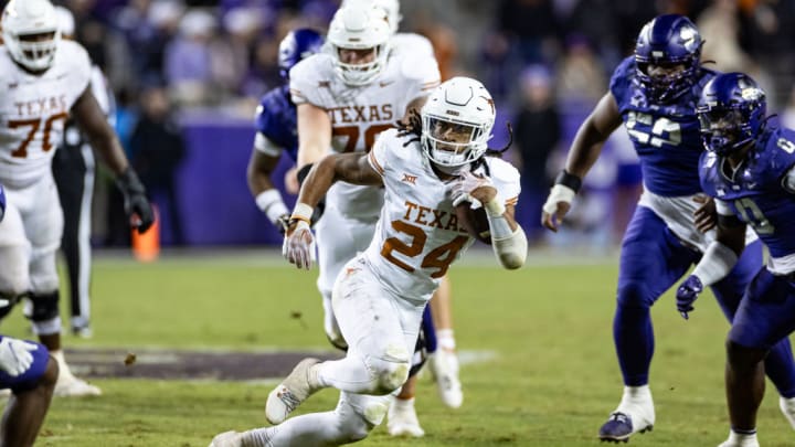 FORT WORTH, TX - NOVEMBER 11: Texas Longhorns running back Jonathon Brooks (#24) runs up field during the college football game between the Texas Longhorns and TCU Horned Frogs on November 11, 2023 at Amon G. Carter Stadium in Fort Worth, TX.