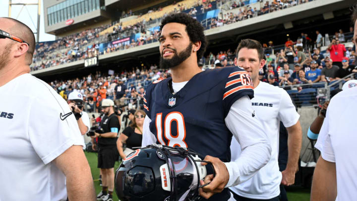 CANTON, OHIO - AUGUST 01: Caleb Williams #18 of the Chicago Bears looks on prior to the 2024 Pro Football Hall of Fame Game against the Houston Texans at Tom Benson Hall Of Fame Stadium on August 01, 2024 in Canton, Ohio.