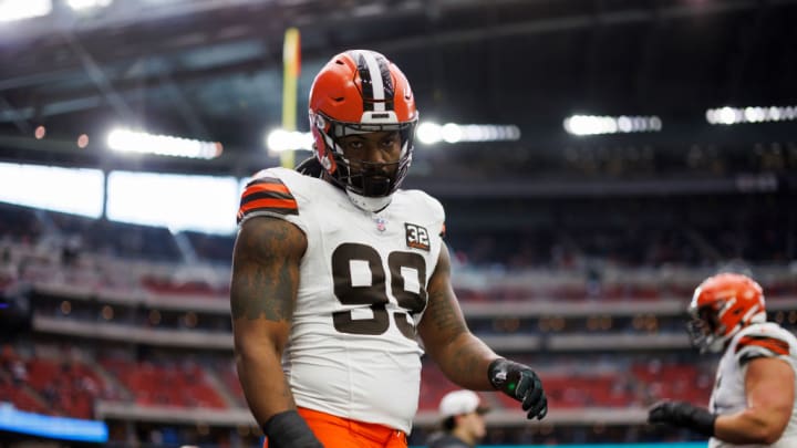 HOUSTON, TEXAS - JANUARY 13: Za'Darius Smith #99 of the Cleveland Browns looks on during pregame warmups before an AFC wild-card playoff football game against the Houston Texans at NRG Stadium on January 13, 2024 in Houston, Texas.