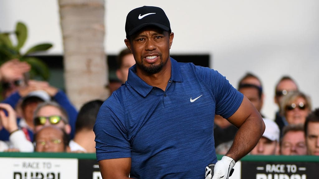Tiger Woods is pictured at the 2017 Omega Dubai Desert Classic.