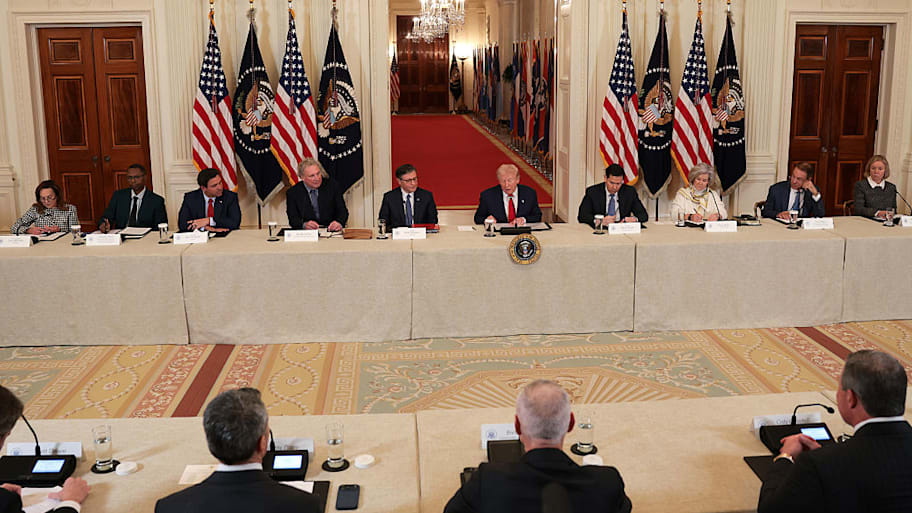 President Donald Trump speaks during a roundtable discussion on college sports in the East Room of the White House.