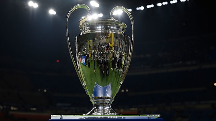 The Champions League trophy is seen prior the UEFA Champions...