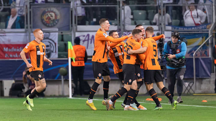 Players of Shakhtar celebrate a goal during the UEFA...
