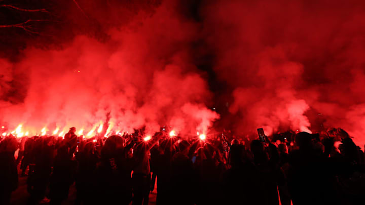 SSC Napoli Football club supporters burn flares outside of...