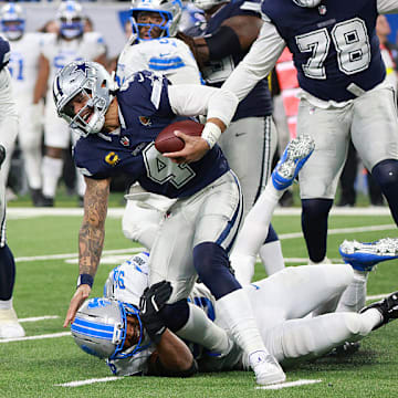 Dak Prescott was sacked four times in a 44–30 loss to the Lions on Thursday night which dropped the Cowboys to 6-6-1 on the season.