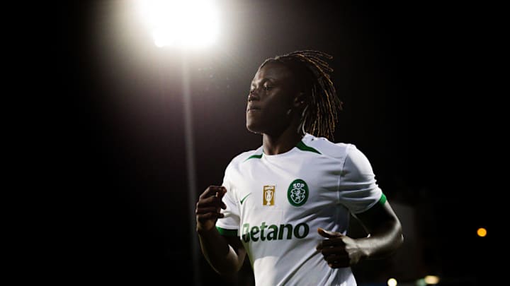 Geovany Quenda of Sporting CP seen in action during the Liga...