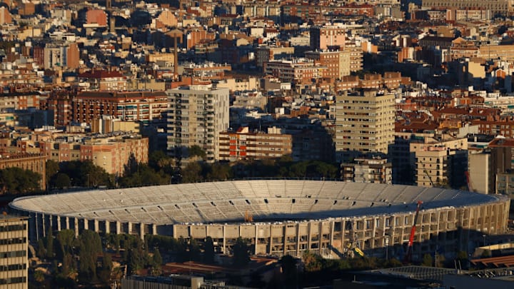 A view of the Camp Nou's Spotify grandstand during the...