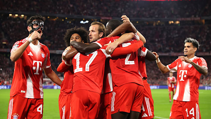 leksandar Pavlovic, Michael Olise, Harry Kane of Bayern Munich, Dayot Upamecano
