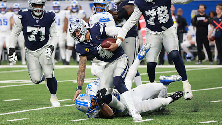 Dak Prescott was sacked four times in a 44–30 loss to the Lions on Thursday night which dropped the Cowboys to 6-6-1 on the season. Dak Prescott was sacked four times in a 44–30 loss to the Lions on Thursday night which dropped the Cowboys to 6-6-1 on the season.