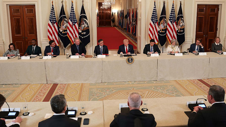 President Donald Trump speaks during a roundtable discussion on college sports in the East Room of the White House.
