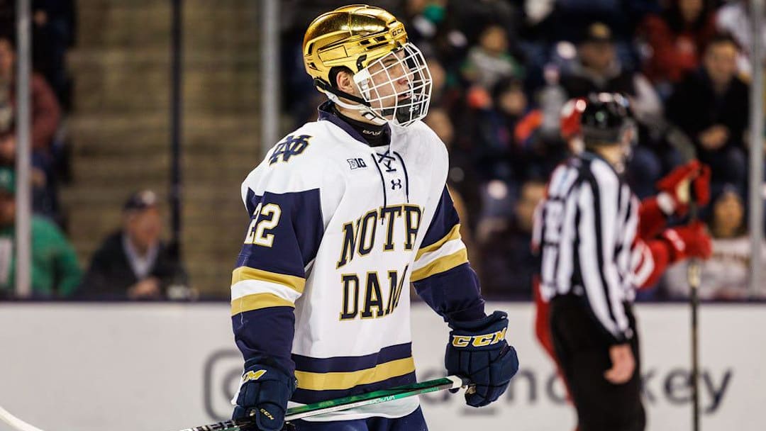 Notre Dame forward Cole Knuble (22) during the Wisconsin-Notre Dame NCAA hockey game on Friday, January 05, 2024, at Compton Family Ice Arena in South Bend, Indiana. Notre Dame forward Cole Knuble (22) during the Wisconsin-Notre Dame NCAA hockey game on Friday, January 05, 2024, at Compton Family Ice Arena in South Bend, Indiana.