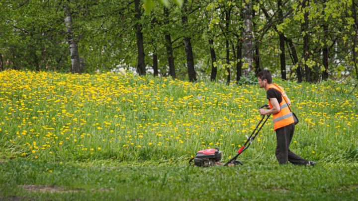 A man mows the grass on a vacant lot overgrown with...
