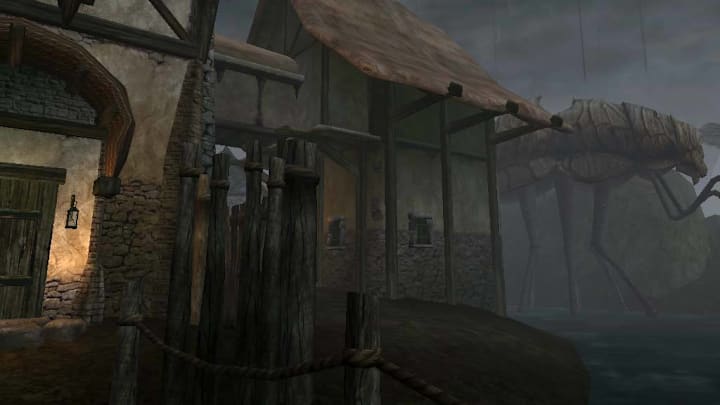 A gloomy town and a giant rideable bug in Morrowind