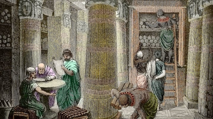 View of the library of Alexandria, Egypt founded at the beginning of the 3rd century B.C.