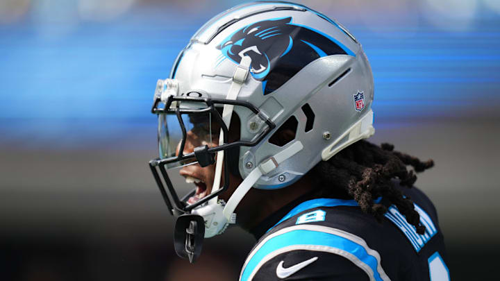 CHARLOTTE, NORTH CAROLINA - NOVEMBER 03: Jaycee Horn #8 of the Carolina Panthers reacts prior to the game against the New Orleans Saints at Bank of America Stadium on November 03, 2024 in Charlotte, North Carolina.