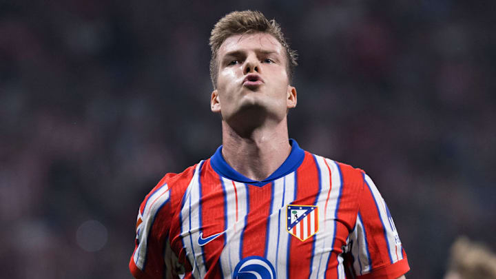 Alexander Sorloth of Atletico de Madrid reacts to a missed...