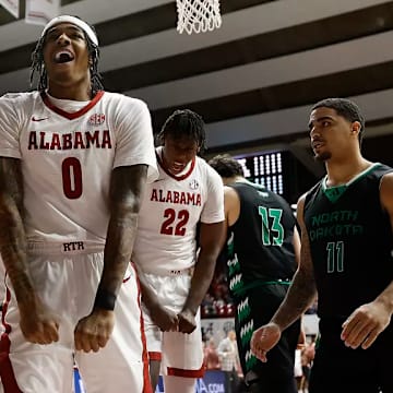 Alabama guard Labaron Philon (0) & Alabama forward Aiden Sherrell (22) in action against North Dakota at Coleman Coliseum in Tuscaloosa, AL on Monday, Nov 3, 2025.