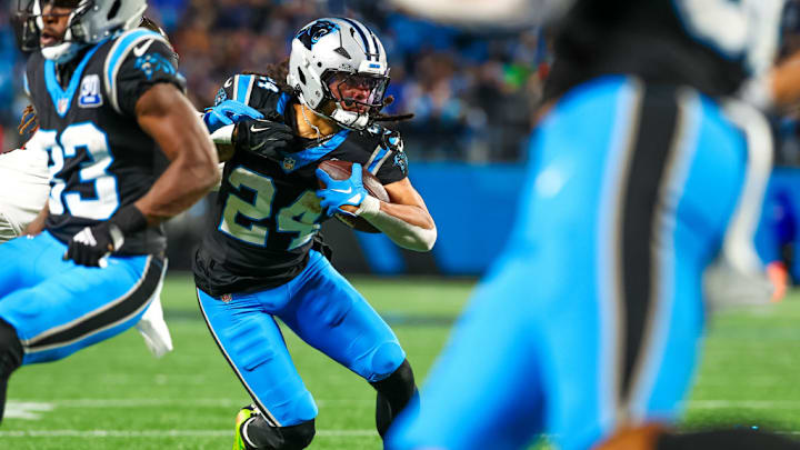 CHARLOTTE, NC - DECEMBER 01: Jonathon Brooks #24 of the Carolina Panthers runs the ball during the second half of a football game against the Tampa Bay Buccaneers at Bank of America Stadium on December 1, 2024 in Charlotte, North Carolina. CHARLOTTE, NC - DECEMBER 01: Jonathon Brooks #24 of the Carolina Panthers runs the ball during the second half of a football game against the Tampa Bay Buccaneers at Bank of America Stadium on December 1, 2024 in Charlotte, North Carolina.