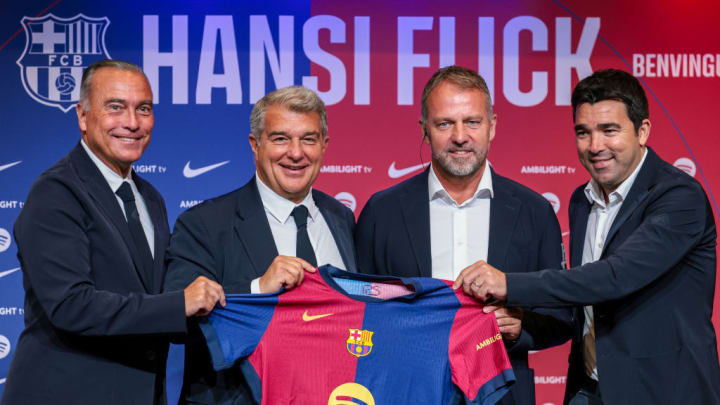 Hansi Flick, Joan Laporta, Deco, Rafa Yuste