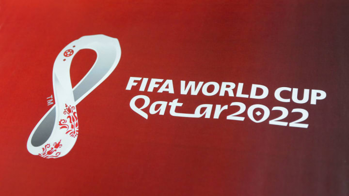 Official logo FIFA World Cup 2022 in Qatar printed on banner...