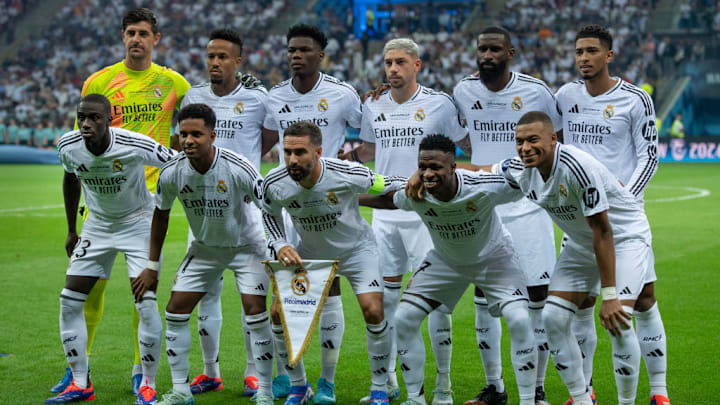 Ferland Mendy, Vinícius Júnior, Federico Valverde, Kylian Mbappé, Jude Bellingham, Rodrygo, Thibaut Courtois, Antonio Rudiger, Éder Militão, Dani Carvajal - Spanish Soccer Defender, Aurélien Tchouaméni