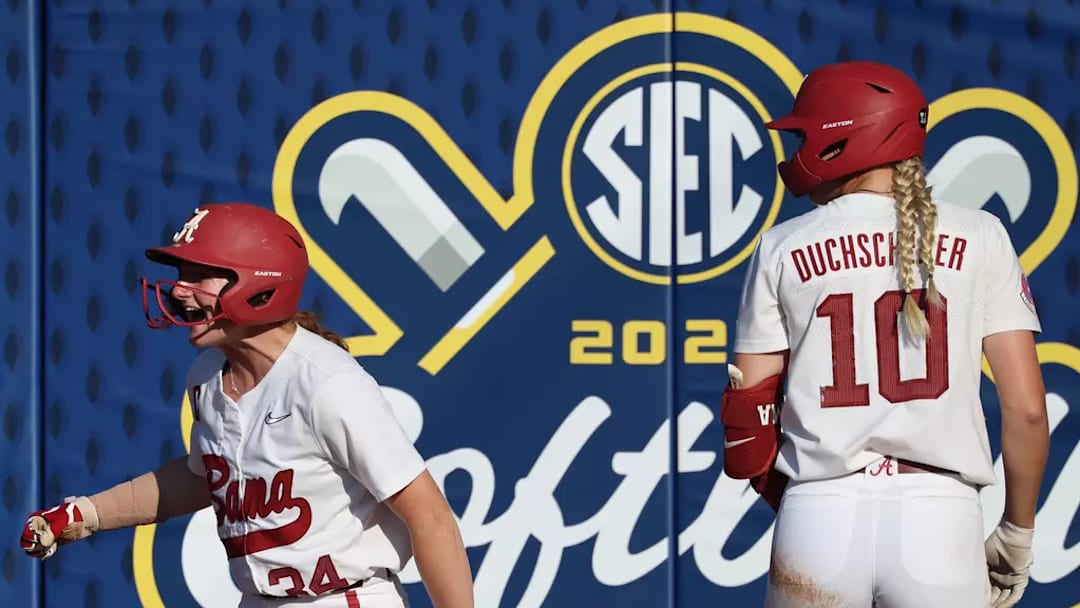 Alabama Softball Player Marlie Giles (34) celebrating against Auburn in the SEC Tournment at Jack Turner Softball Stadium in Athens, GA on Tuesday, May 6, 2025.