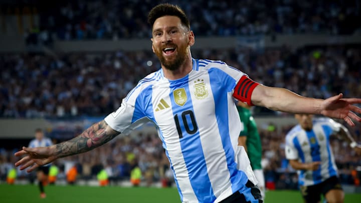 Lionel Messi of Argentina celebrates a goal during the match...