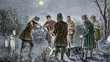 Men prevent a vampire rising from its grave in a Romanian cemetery in this 19th-century illustration.
