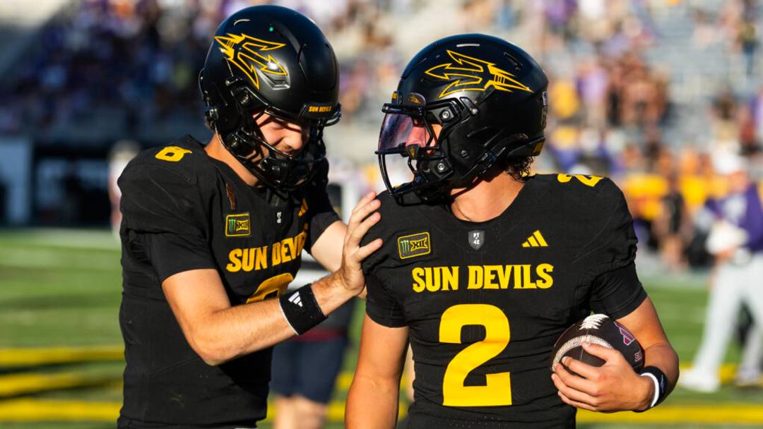 Oct 24, 2026; Tempe, Arizona, USA; Arizona State Sun Devils quarterback Jake Fette (2) celebrates with teammate Cutter Boley (8) after defeating the Kansas State Wildcats in the second half at Mountain America Stadium. Oct 24, 2026; Tempe, Arizona, USA; Arizona State Sun Devils quarterback Jake Fette (2) celebrates with teammate Cutter Boley (8) after defeating the Kansas State Wildcats in the second half at Mountain America Stadium.