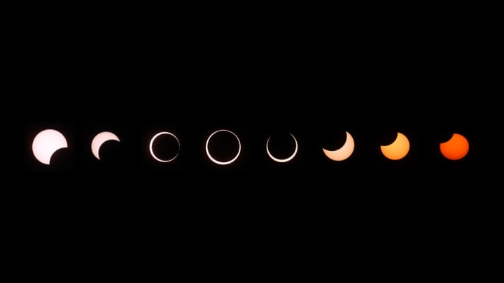 A composite image showing the phases of an annular solar eclipse in 2012.