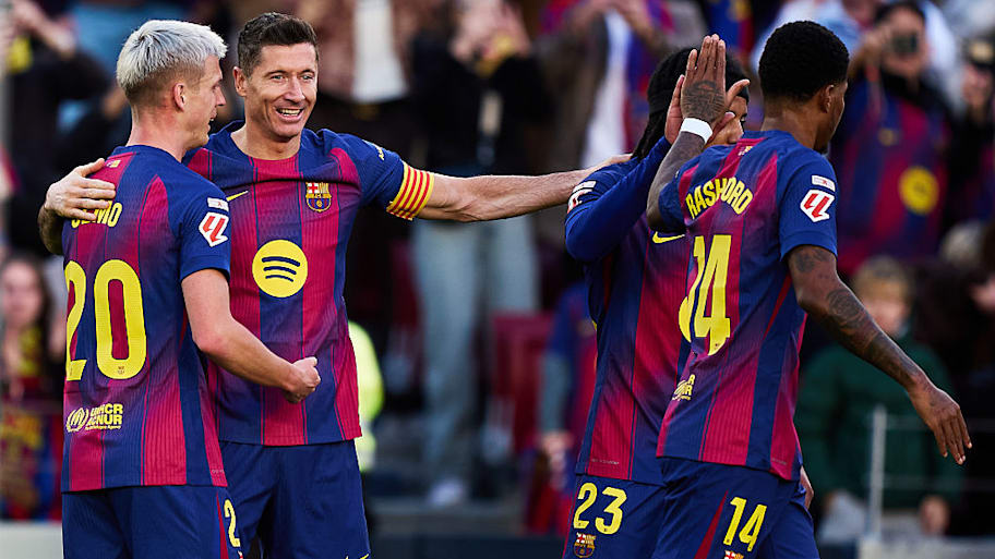 Barcelona players celebrating. 