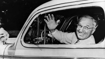 Harry S Truman in a new Ford automobile, 1945