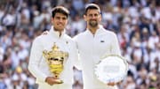 Carlos Alcaraz and Novak Djokovic at Wimbledon on July 14, 2024.