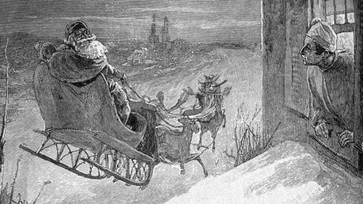19th-century print of Santa Claus driving sleigh.