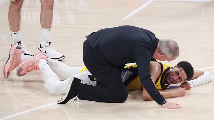 Tyrese Haliburton, en el momento de la rotura del tendón de Aquiles. Tyrese Haliburton, en el momento de la rotura del tendón de Aquiles.
