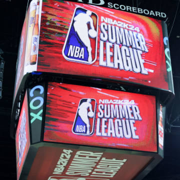 NBA Summer league logos are shown on the scoreboard before a 2023 NBA Summer League game between the Denver Nuggets and the Milwaukee Bucks at the Thomas & Mack Center on July 07, 2023 in Las Vegas, Nevada. 