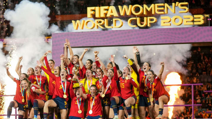 Spain team celebrates after winning the Women's World Cup...