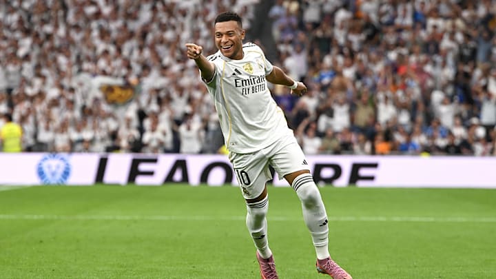 Kylian Mbappé celebra el gol que marcó en la victoria del Real Madrid sobre el Espanyol.