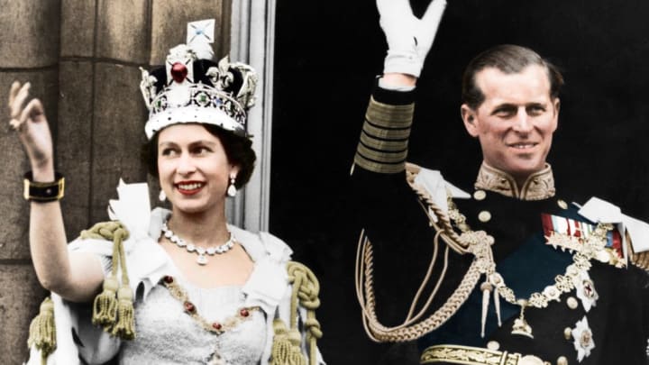 Queen Elizabeth II and the Duke of Edinburgh on the day of her coronation, Buckingham Palace, 1953